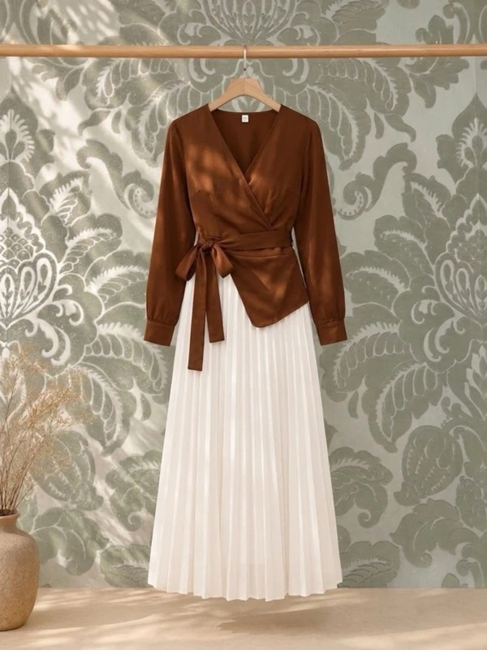 Brown Satin Wrap Top with White Pleated Maxi Skirt